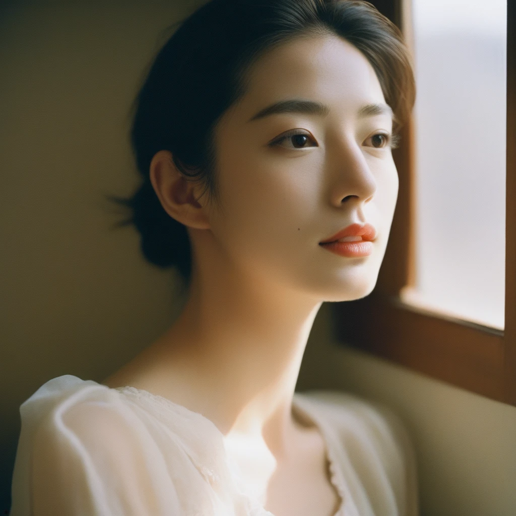 Close-up candid portrait photo of artistic young Korean woman, Retro-future, Movie stills, ((alone)), (Looks like Anne Hathaway: 0.9), Sit by the window, The sun shines on her face, Soft romantic lighting, Summer day, Leica SL3, Summicron SL75f/2. Asf, Kodak Gold 200 Film, Bare shoulders, Dynamic action poses,