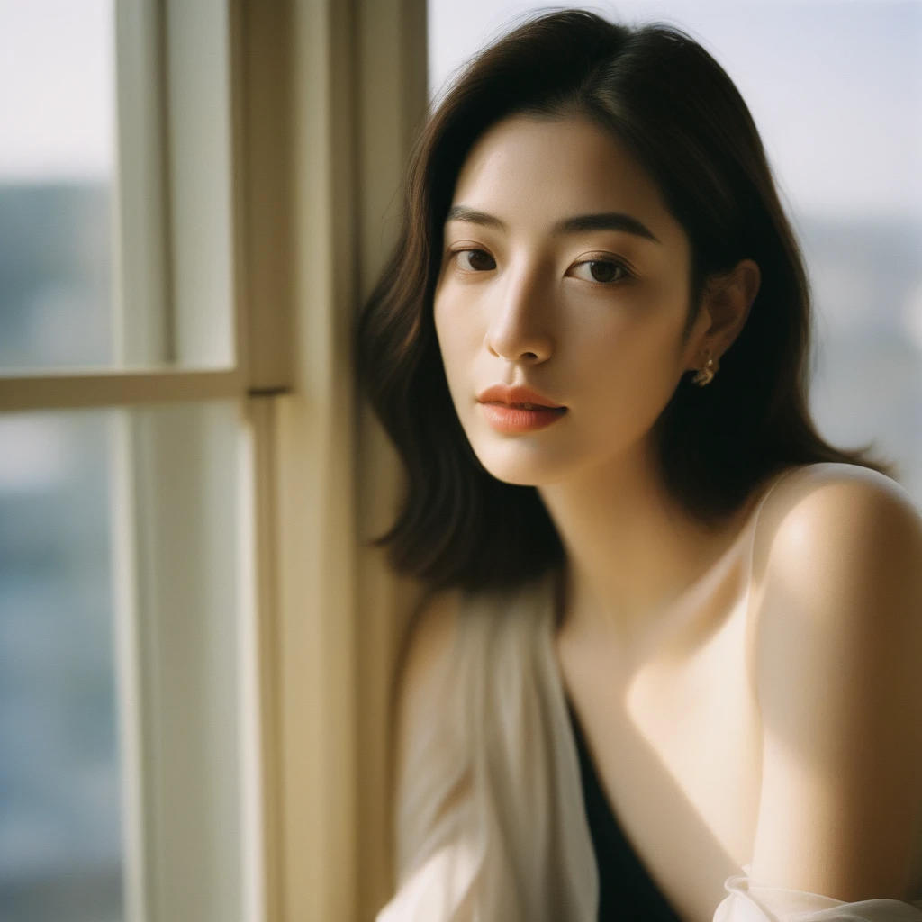NSFW, NSFW:2.0, fully body photo:1.7、nude, cinematic photo a Woman nude sitting on a window sill looking out the window, grey sweater, a stock photo by chen jiru, tumblr, aestheticism, movie still, pretty, pixiv . 35mm photograph, film, bokeh, professional, 4k, highly detailed