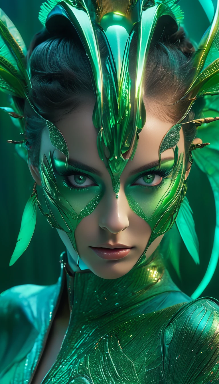 (best quality,4k,8k,highres,masterpiece:1.2),ultra-detailed,(photorealistic,photo-realistic:1.37),A female phantom with compound eyes that look like the eyes of a praying mantis,futuristic,hi-tech,natural-looking skin,emerald-green compound eyes,exquisite,detailed face features,piercing eyes,long eyelashes and sharp angles,sculptural facial structure,innovative fashion style,metallic,shimmering make-up,glowing eyeliner,ornate futuristic jewelry,elaborate headpiece,feathers and metallic elements,ethereal background with floating holographic particles,controlled lighting with soft highlights,bluish-green color scheme,otherworldly atmosphere.