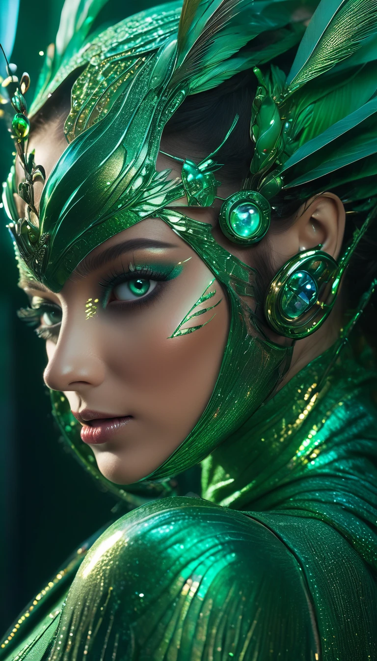 (best quality,4k,8k,highres,masterpiece:1.2),ultra-detailed,(photorealistic,photo-realistic:1.37),A female phantom with compound eyes that look like the eyes of a praying mantis,futuristic,hi-tech,natural-looking skin,emerald-green compound eyes,exquisite,detailed face features,piercing eyes,long eyelashes and sharp angles,sculptural facial structure,innovative fashion style,metallic,shimmering make-up,glowing eyeliner,ornate futuristic jewelry,elaborate headpiece,feathers and metallic elements,ethereal background with floating holographic particles,controlled lighting with soft highlights,bluish-green color scheme,otherworldly atmosphere.