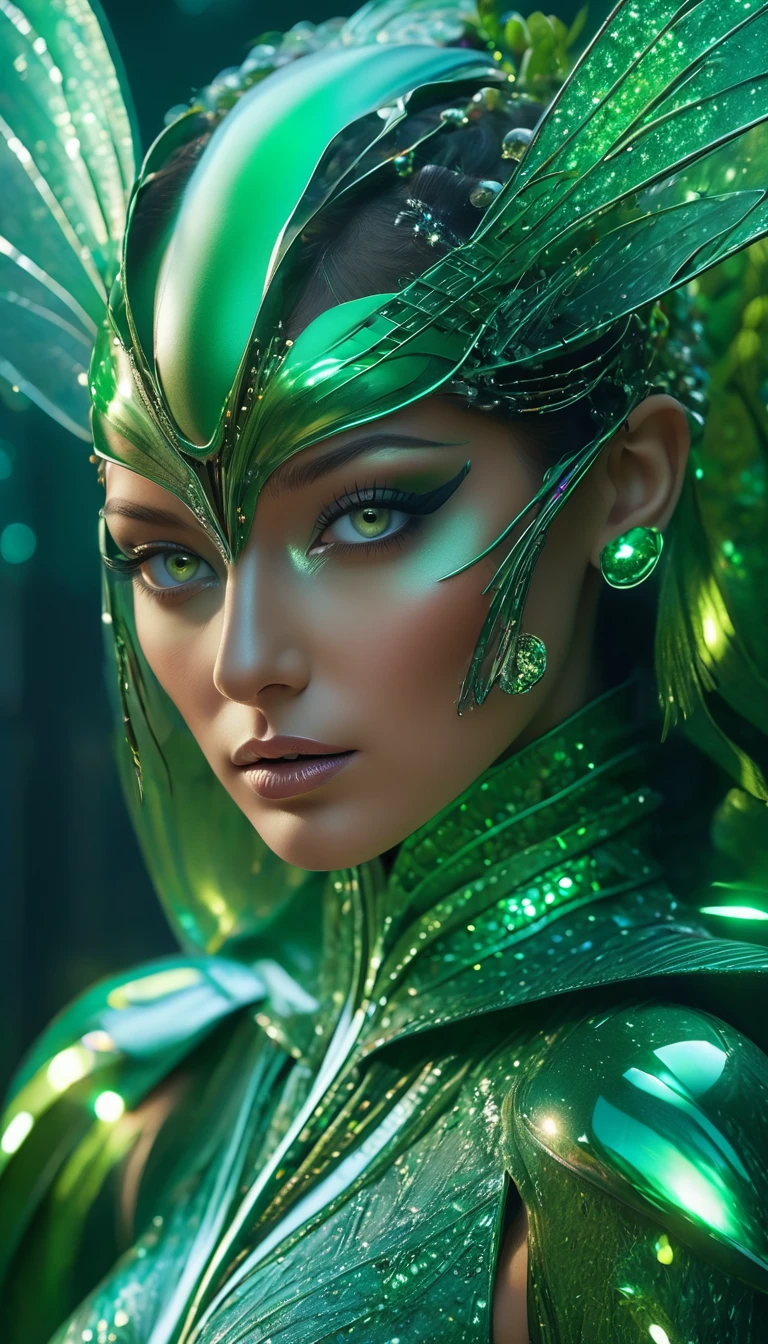 (best quality,4k,8k,highres,masterpiece:1.2),ultra-detailed,(photorealistic,photo-realistic:1.37),A female phantom with compound eyes that look like the eyes of a praying mantis,futuristic,hi-tech,natural-looking skin,emerald-green compound eyes,exquisite,detailed face features,piercing eyes,long eyelashes and sharp angles,sculptural facial structure,innovative fashion style,metallic,shimmering make-up,glowing eyeliner,ornate futuristic jewelry,elaborate headpiece,feathers and metallic elements,ethereal background with floating holographic particles,controlled lighting with soft highlights,bluish-green color scheme,otherworldly atmosphere.