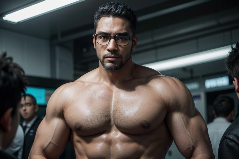 Masterpiece, Best Quality, ultra detailed, 1 man wearing glasses, mature male, muscular, piece, only, sportsman, beef, black skin, negro, tanned skin, latino, 36 years old, black fur, gray fur, goatee, too short hair, looking at the viewer, serious expression, Gray shirt, half body shot, science fiction subway background, whole body , male naked penis