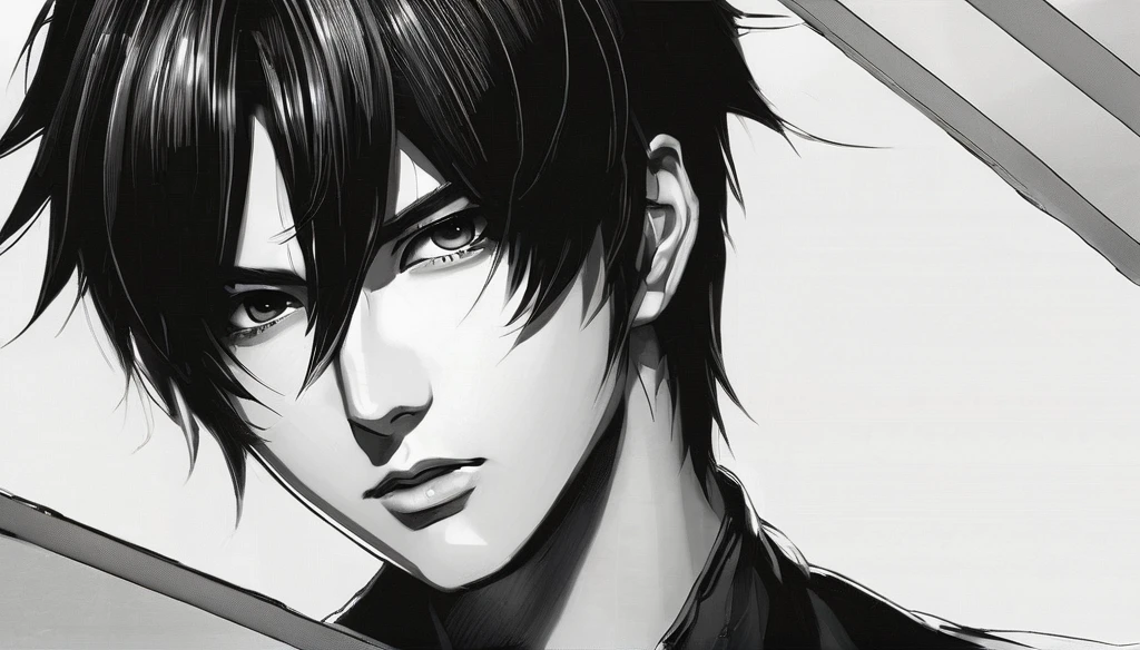 drawing of an anime male boy, average, black hair, black and white color