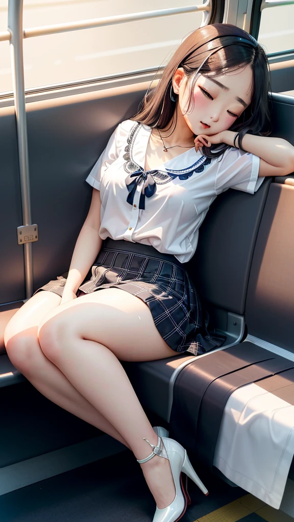 20-year-old women,,Clear images、Real women　、Brown Hair, Medium Hair〜Half-up、She is sleeping soundly with her mouth open.., Slim figure ,Breasts are a little bigger than normal , Head to toe full body shot, Shiny white high heels、 Blouse with ribbon on the chest、Checkered mini skirt, Sit comfortably in the back of the bus, 、私 threw my head back and fell into a deep sleep..,Arms hanging down. I&#39;m exhausted on the way home after work..Sleeping like the dead.My knees are open, Both feet are on the floor, sleeping face, close your eyes, Mouth wide open and drool、Tilt your head back and look up, I can rest my head on the seat and sleep soundly..., Anatomically correct,Composition looking up from the front 