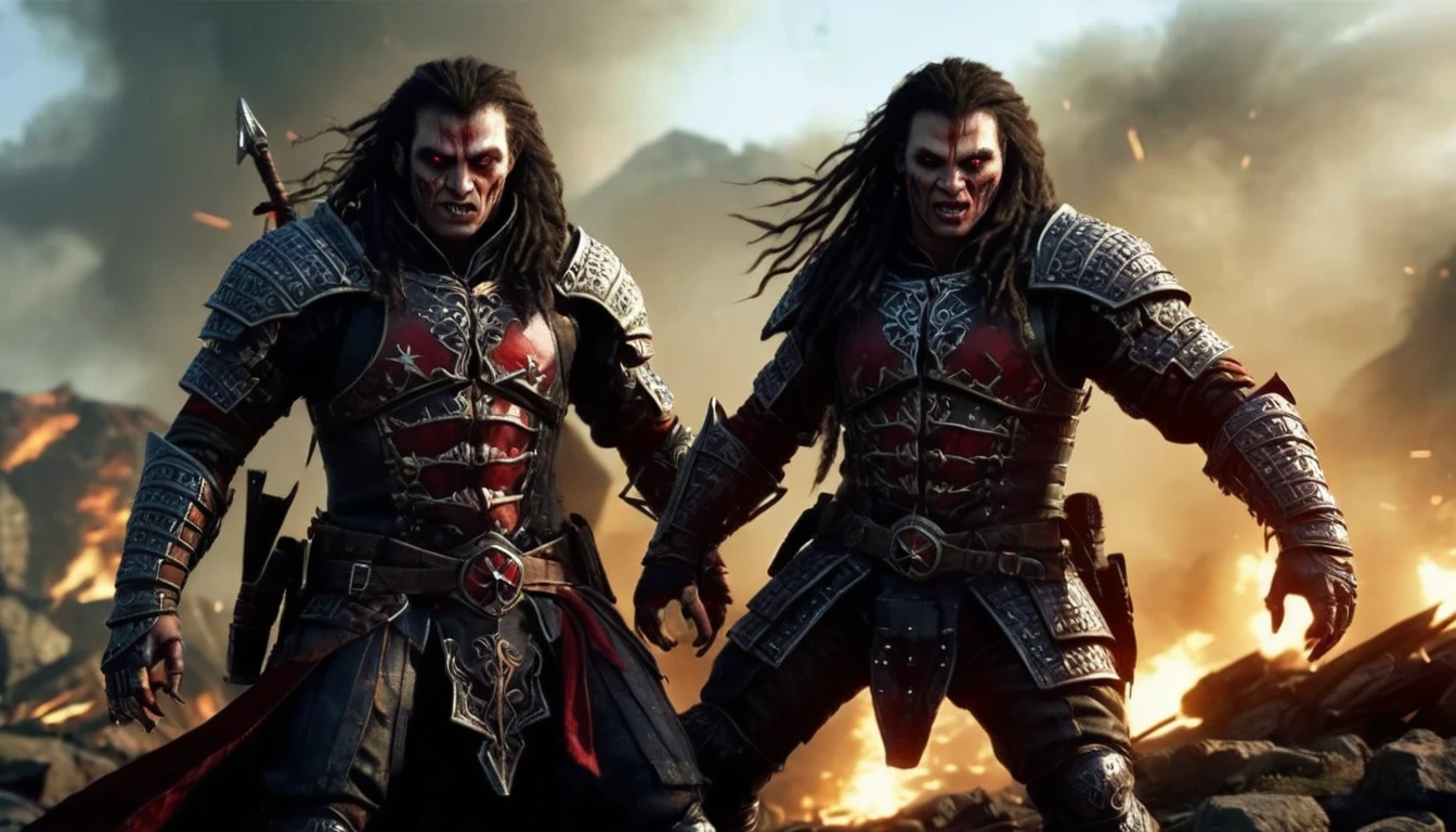 Characters: Debele and Puros vampires, Description: in the midst of epic battles, Era: ancient mythological times, Clothing: traditional gothic for Debele, warrior attire for Puros, Location: battlefield, Action: fighting, Background: chaotic battleground, Shot type: action shot, Style: hyper-realistic, photo realism, cinematography.