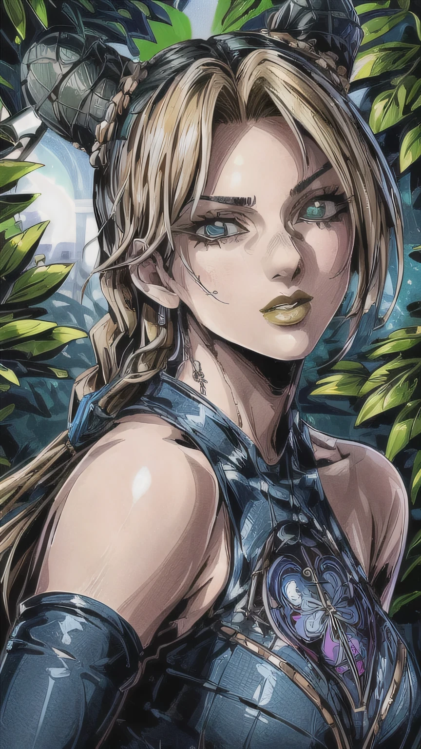 jolyne,1girl,beautiful detailed eyes,beautiful detailed lips,extremely detailed face and skin,longeyes,long hair,detailed clothing,detailed jewelry,intricate hair accessories,elegant pose,detailed background,detailed foliage,sunlight filtering through leaves,warm color palette,cinematic lighting,photorealistic,award winning concept art,masterpiece