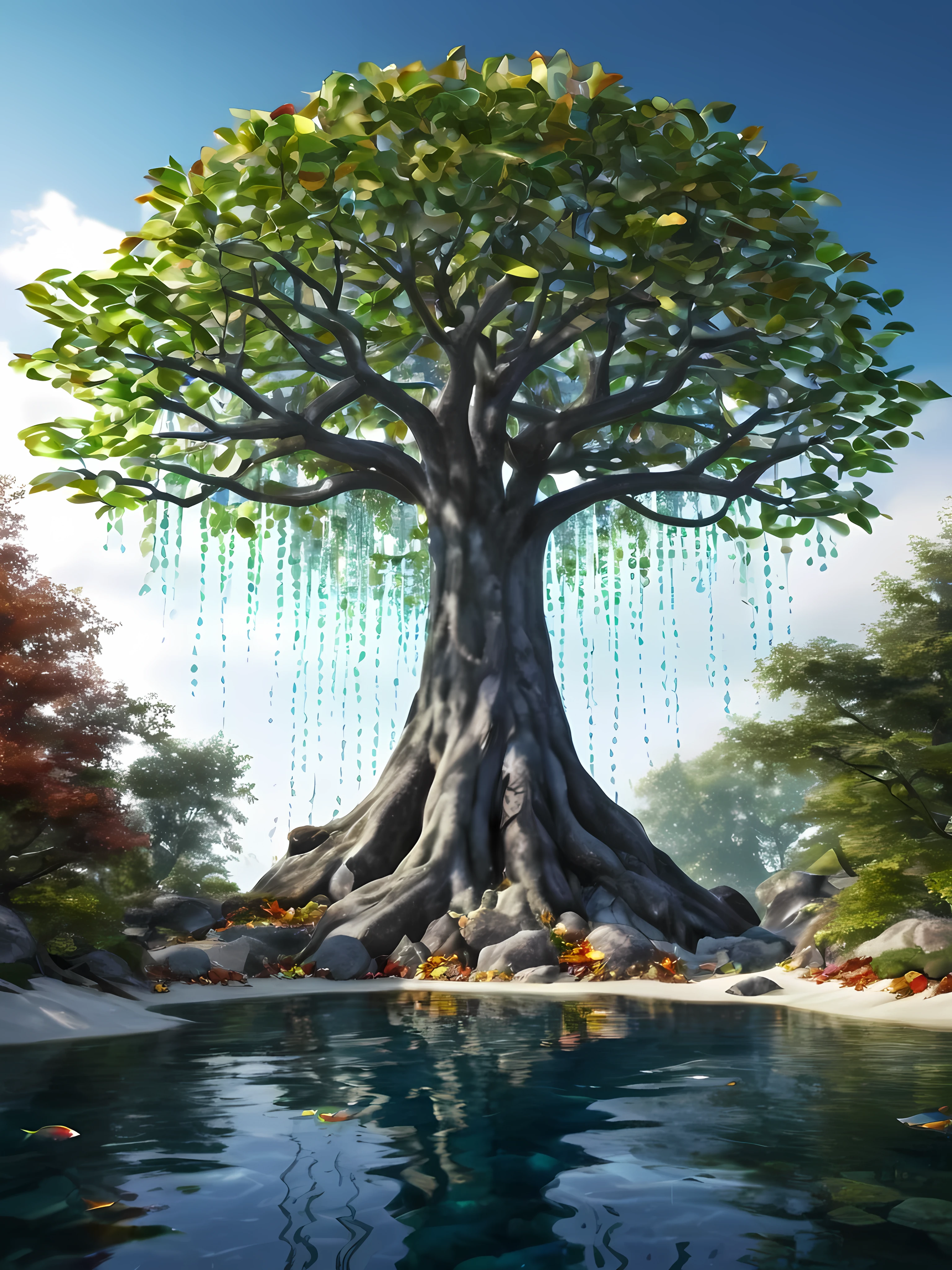 Ultra Realistic,Photo Realistic,Hyper Realistic, Photography, Professional Photography , Crystal Clear Water, Fish Can Be Seen , Colourful Leaves Of The Trees
