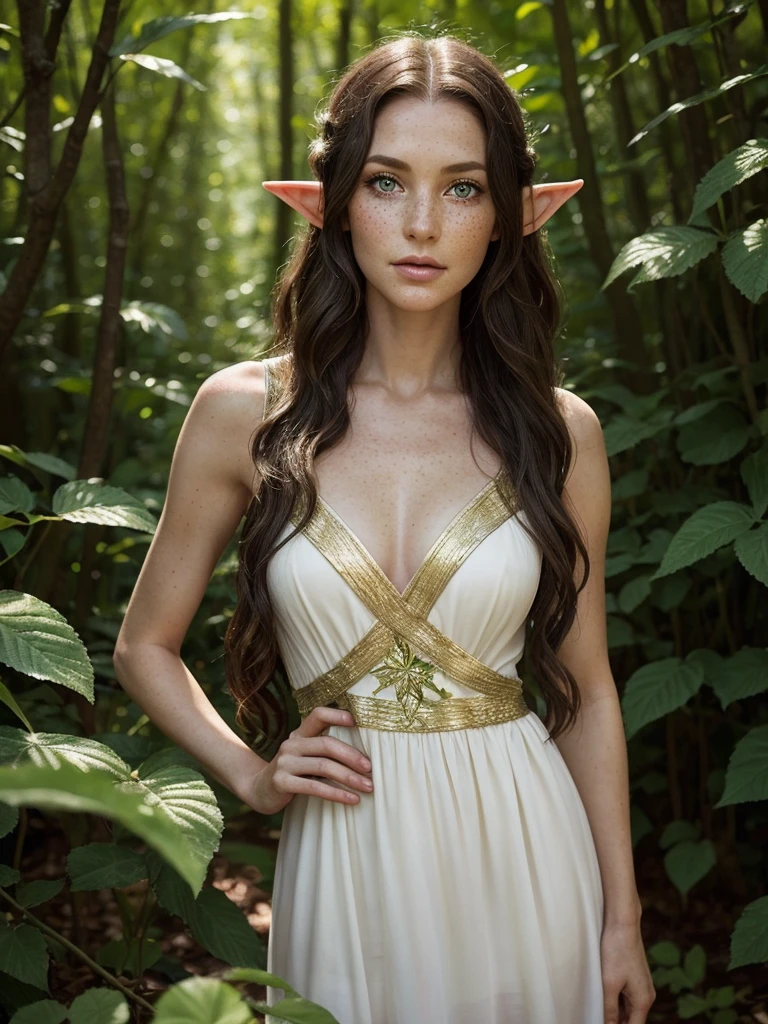 a beautiful older elf of about 40 years old with freckles, slender, attractive, buts large extra,with long wavy black hair, with green eyes, wearing a short white dress with golden details in the shape of leaves, in the background of an enchanted forest