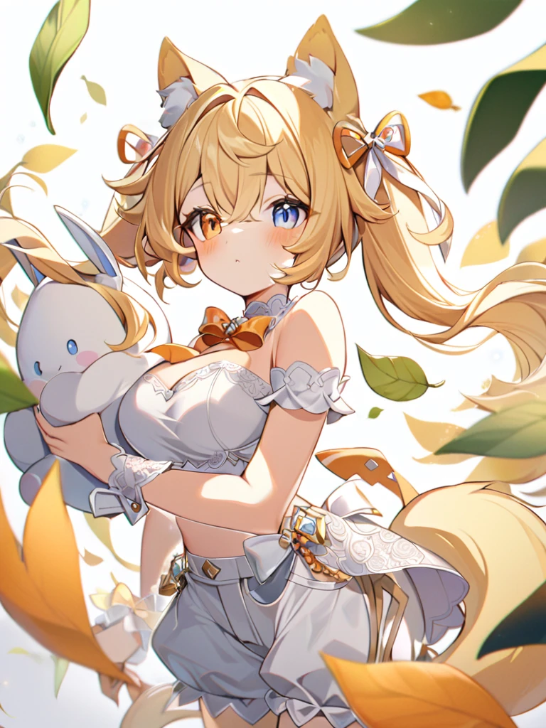 1girl, animal ears, bangs, bare shoulders, blonde hair, blush, bow, breasts, white cleavage, cropped torso, , blue eyes, hair ribbon, heterochromia,  stlooking at viewer, , orange bow, orange eyes, orange ribbon, ears like an unearthly animal, fluffy tail, light tail, real tail, ribbon, solo, stuffed animal, stuffed bunny, stuffed toy, twintails, upper body, full-length, white legbands, white shoes with lace and white bows, white background, wrist cuffs, yellow eyes, bloomers, close-up, fair skin frills, lace, midriff, skirt, solo, , white background,shorts, white top with ribbon and lace and trousers,trousers, genshin,white slippers with a bow,All clothes are white, laceAt full height, it stands,  at the face, pushing the leaves apart, the sun in the eyes