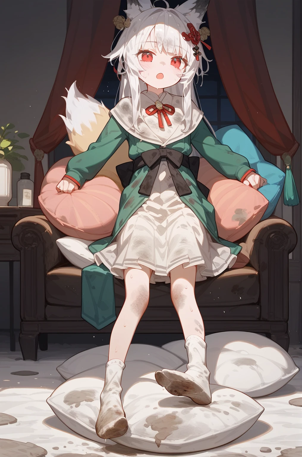 1 girl,dirty,foot,foot底,Red Eyes，breast,solitary,Long hair,White hair,,foot趾,foot部焦点,Looking at the audience,sit,Sweat,open mouth,dirty foot,Keep,indoor,Pillow,Bangs，White knee socks，Fox ears，There&#39;foot的泥土，White clothes，kimono，Japanese style，dirtyPillow，dirty床，女孩周围堆满Pillow，女孩踩踏2着Pillow，大量Pillow，Pillow上肮脏，,(Deluxe Rococo Canopy King Bed),On a big and spacious bed,(),,,,Luxurious curtains with ornate ruffles and ribbons surround the bed,((((There are many pillows piled on the bed)))),Detail of Quilt,Detailed bed sheets,女孩踩在Pillow上