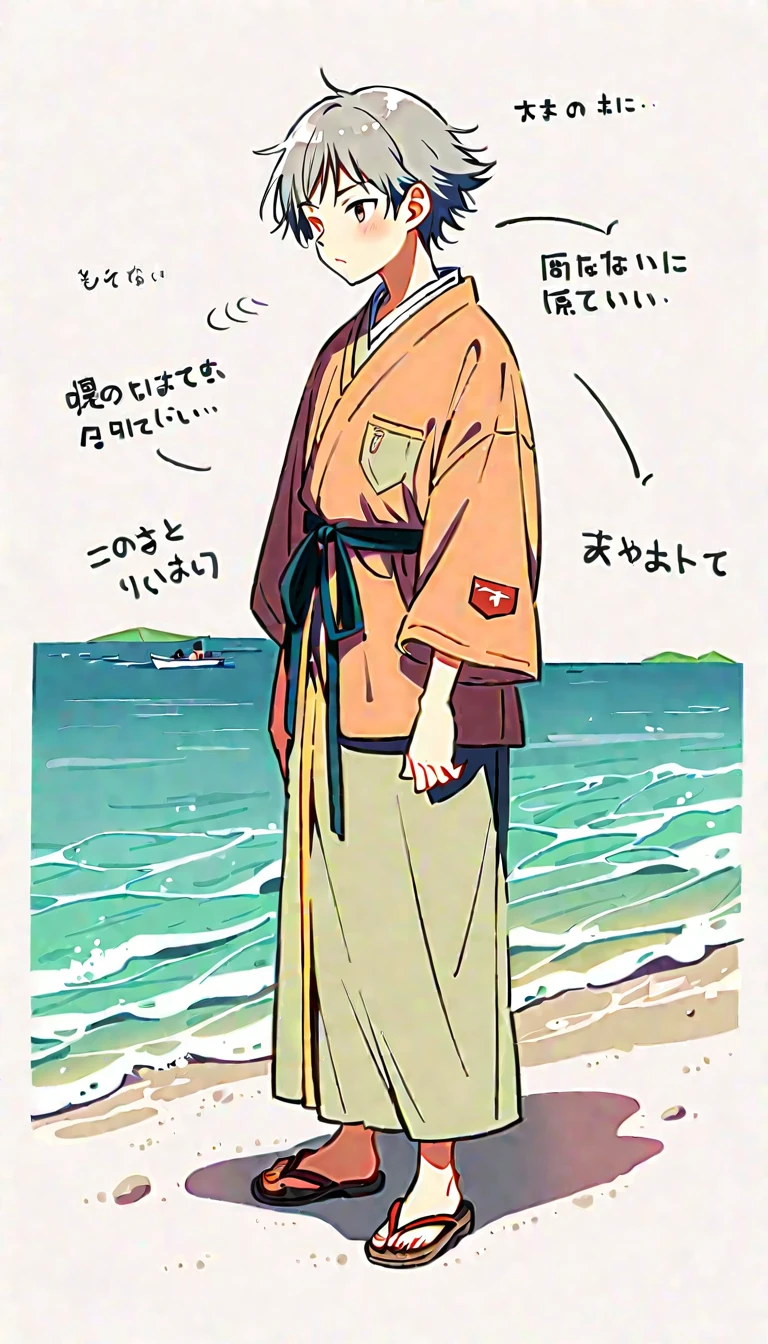 white background, Fujichoco style, man wearing kimono, ((Handsome man), gray hair, ocean, cetus, complex background, Simple line initialism, full body,