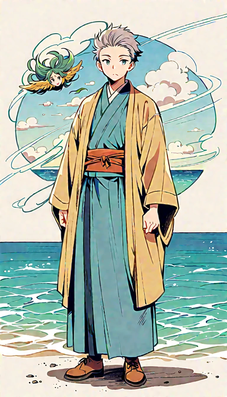white background, Fujichoco style, man wearing kimono, ((Handsome man), gray hair, ocean, cetus, complex background, Simple line initialism, full body,
