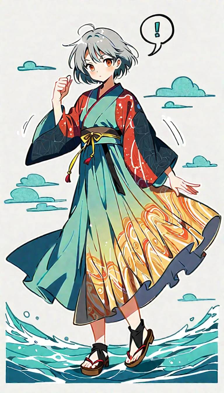white background, Fujichoco style, man wearing kimono, ((Handsome man), gray hair, ocean, cetus, complex background, Simple line initialism, full body,