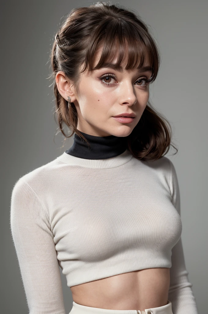 ((best quality, exceptional visual quality)), ((better skin texture, premium material)), ((upper body portrait)), imagine this, a 1960's pop culture icon, the kind of actress who gets all the big roles because of her good looks, audrey hepburn -esque, hollywood starlet, blunt bangs, (mascara), crop top sweater, midriff