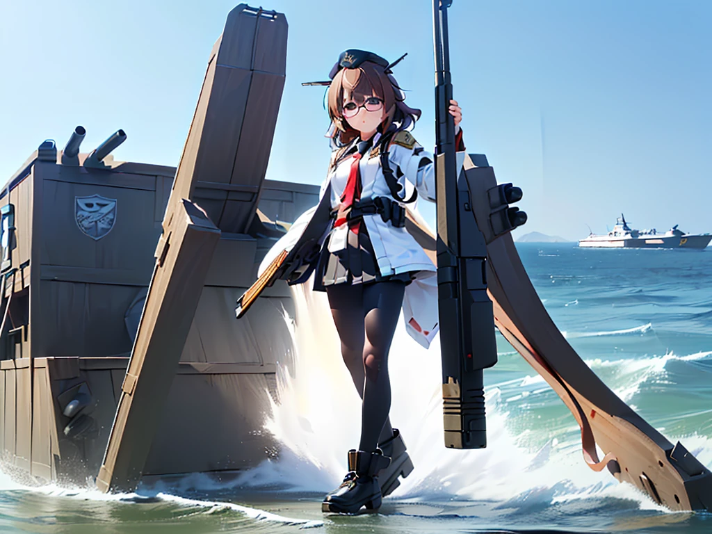 (((masterpiece, Vision))), ((((Full body of a woman with perfect flat chest、1 Female、solo、Short unkempt black hair、Tie your messy hair at the nape of your neck、white military jacket、Miko costume、black tights、Black glasses are black、White military cap、Cloudy black eyes、Confused eyes、Junyo-inspired emblem、Ship-style boots)))), (((Shipgirl))), ((Floating on the morning sea with both feet)), (Standing with your legs apart)), Aim, (Hold the shotgun turret grip with your right hand), (Four mechanical tentacles covered in white armor extend from its back.), (Holding a shotgun with metal tentacles), (Equipped with a bridge on the back), (His left arm holds the grip of a triple-barreled shotgun),