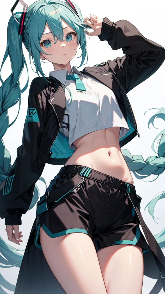 Hatsune miku add_detail:1, belly button, looking at the viewer, hand on hip, black jacket, lycra groin tight shorts add_detail:1(white shirt:1.2), braid, very long hair, Wide hips,
under the chest, shirt,
Big\(Body proportions\), sensual pose