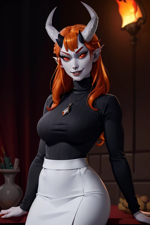 MizoraBG, (grey|white) skin, orange hair, red eyes, demon horns, seductive smirk, wearing black turtleneck sweater and black pencil skirt || masterpiece, perfect quality, sharp focus, shallow depth of field, 8k