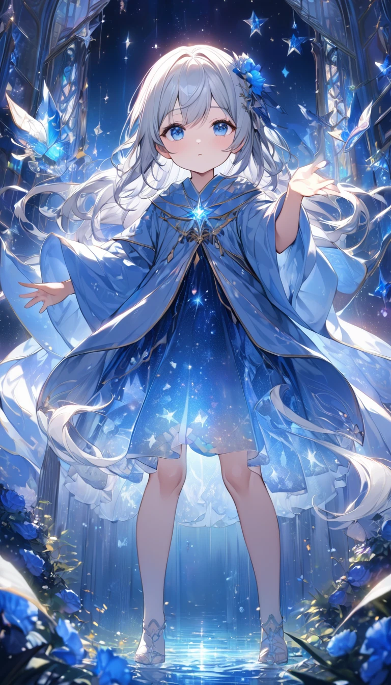 Highest quality,masterpiece,Detailed Details,Super detailed,colorful,The background is the deep blue sea,Transparency,Use HDR technology to create a sense of depth,beautiful,beautiful自然,8  girl,Alone,Wearing starry wizard robes,Stand in the center of the screen,The whole body faces this way,Look diagonally forward to the left,Put your right hand forward in a three-dimensional way,A star-like light from the right,Light magic from the right hand,Narrow and gentle eyes,mysterious,Silver hair decorated with blue flowers,Fantasy atmosphere,beautiful虹色の蝶々is flying in the air