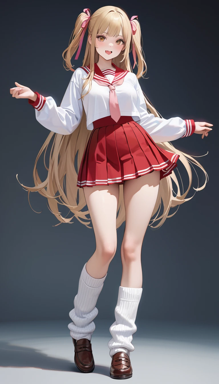 Sailor short shirt with a wide open collar, Full body standing portrait, (Masterpiece, Super realistic, Super details, Super Highest Quality, Super Highest Quality), super cute and beautiful girl, You are male professional photographer, Japanese gal, For dark brown eyes, Blonde yellow hair, Pink ribbon, gal make-up, False eyelashes, Pearl pink lips, Unbuttoned out Hemmed sailor red open collared open front white shirt, (Very thin shirt:1.3), beautiful side face focus, big open mouth, (brown eyes:1.4), big round chest, BREAK, (Half down two side up blonde very long hair style:1.4), (Wider at the hem flabby large in size Super Loose Socks:1.4), An innocent -yeld gi (skin fang:1.2), realistic cute Japanese girl, standing pose, wear white unbuttoned shirt, low-rise pleated plaid micro mini skirt, Japanese cute girls, long hair, blonde hair, two side up, hair ribbon, pink ribbon, frills, opened sailor collar, necktie, white shirt, long sleeves, red sexy skirt, loafer, (Hemmed white frilled sexy outfit:1.3),