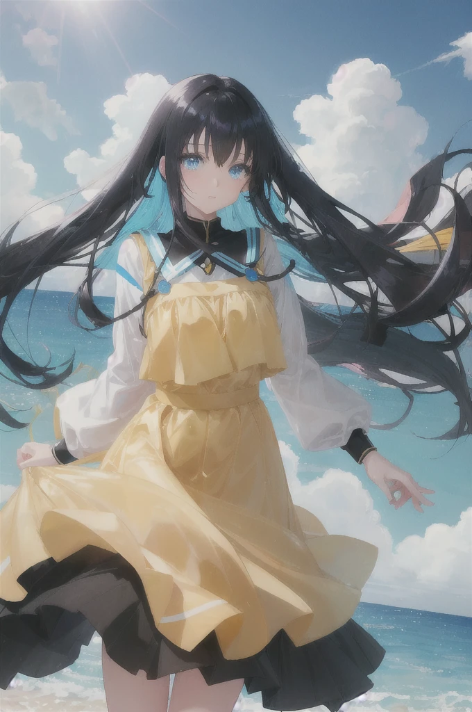 art:beautiful, Teen, Anime style girl with blue eyes and long hair, Black Hair, 淡いyellowの服を着て, Shiny, Long sleeve, Long skirt, white, yellow, She is posing with her hands on her chest, Beach and bright, Blue sky with clouds floating,Character Center: 1.3
