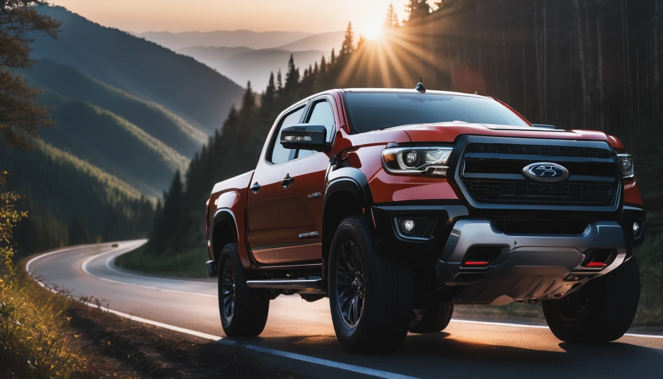pickup truck photos,A pickup truck,Driving on the road,Car side,Blue photo,detail强化,blur background/Bokeh,Bright with natural light,Ray Tracing,Sky,forest,Hill in the distance,Highly detailed environments,Low depth of field,HD,detail,8K,lens flare,Sunlight,
