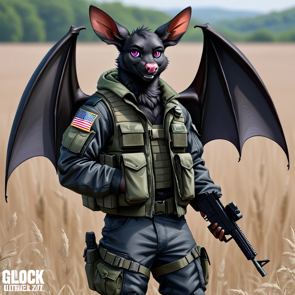 Furry, Male Anthro Bat, (((black fur))), pink eyes, pink nose, 4k, ultra high quality, detailed face, detailed body, detailed picture, detailed fur, wings, deer antlers, stand, smile, (((Species; Bat))), Field Jacket, tactical boots, tactical pants, close up, GLOCK 17, aiming at viewer