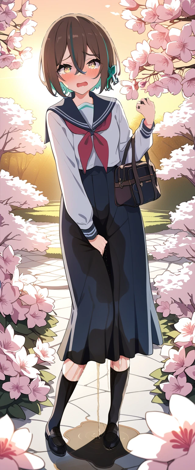 (masterpiece:1.37), best quality, (extremely detailed:1.37), 1girl, blue eyes, short hair, brown hair, hair between eyes, medium breasts, (extremely detailed eyes:1.37), (wetting self:2.0), desperation, standing, embarrassed, humiliation, blushing, angry, cherry blossoms, garden, (golden hour:1.5), full body