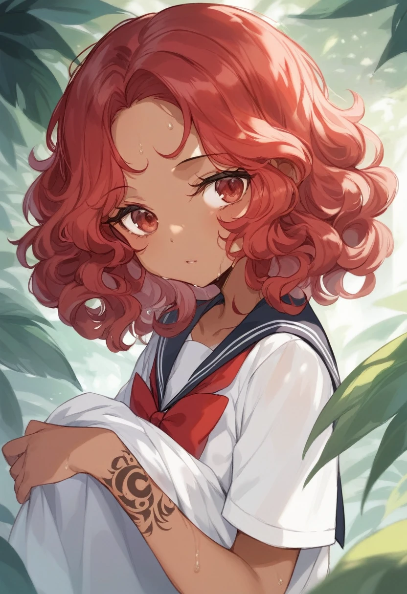 BREAK Perfect Anatomy、(High resolution:1.2)、Incredible illustrations、(Cute illustrations:1.2)、(nsfw) (Beautiful background(tropical rain forest)) 1 girl(Red hair, long curly hair, red eyes,tattoos,sweat:2.5 ,tan skin:1.5)(young adult woman:2.0)(school uniform)