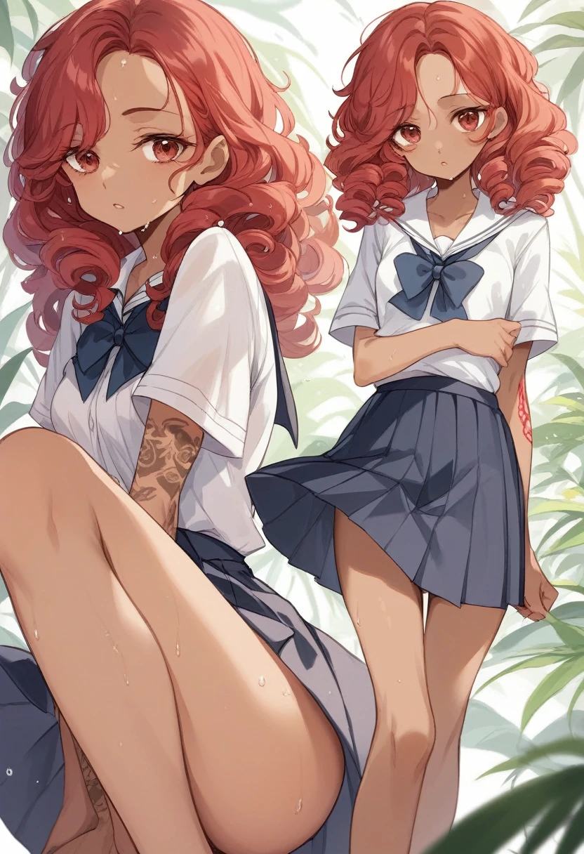 BREAK Perfect ???????、(High resolution:1.2)、Incredible illustrations、(Cute illustrations:1.2)、(????) （Beautiful background(tropical rain forest)) 1 girl(Red hair, long curly hair, red eyes,tattoos,sweat:2.5 ,tan skin:1.5)(young adult woman:2.0)(school uniform)