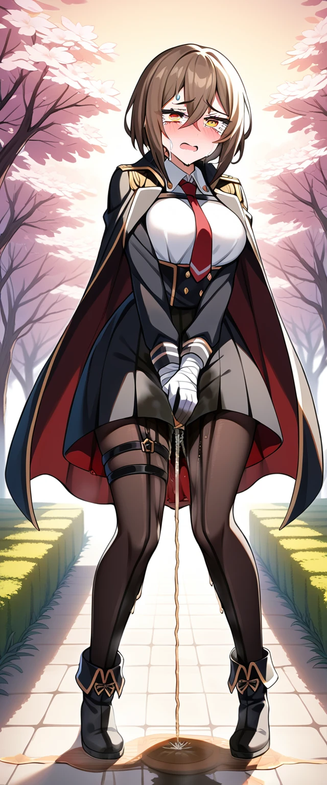 (masterpiece:1.37), best quality, (extremely detailed:1.37), 1girl, blue eyes, short hair, brown hair, hair between eyes, medium breasts, gloves, pantyhose, red necktie, black gloves, black pantyhose, black footwear, bandages, jacket, long sleeves, thigh strap, coat on shoulders, black jacket, choker, white gloves, white shirt, boots, black coat, black cape, cape, bandaged arm, (extremely detailed eyes:1.37), (wetting self:2.0), desperation, standing, embarrassed, humiliation, blushing, angry, cherry blossoms, garden, (golden hour:1.5), full body