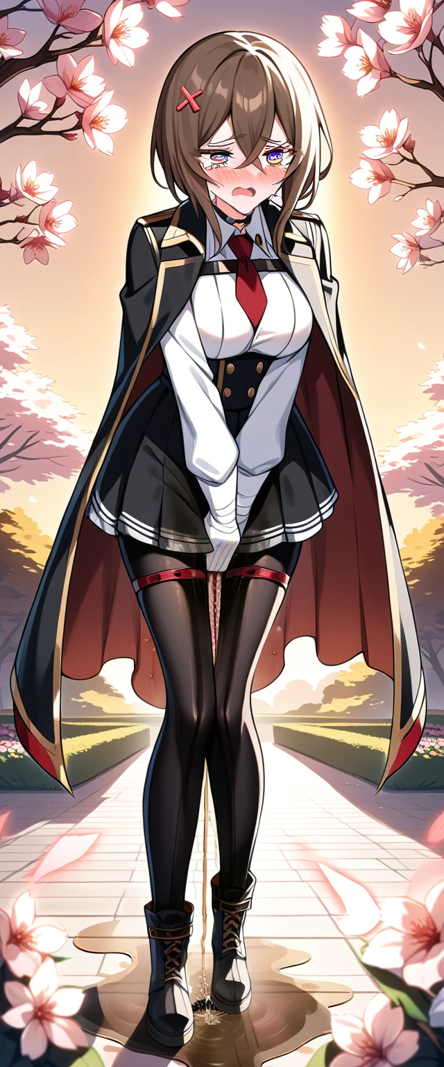 (masterpiece:1.37), best quality, (extremely detailed:1.37), 1girl, blue eyes, short hair, brown hair, hair between eyes, medium breasts, gloves, pantyhose, red necktie, black gloves, black pantyhose, black footwear, bandages, jacket, long sleeves, thigh strap, coat on shoulders, black jacket, choker, white gloves, white shirt, boots, black coat, black cape, cape, bandaged arm, (extremely detailed eyes:1.37), (wetting self:2.0), desperation, standing, embarrassed, humiliation, blushing, angry, cherry blossoms, garden, (golden hour:1.5), full body