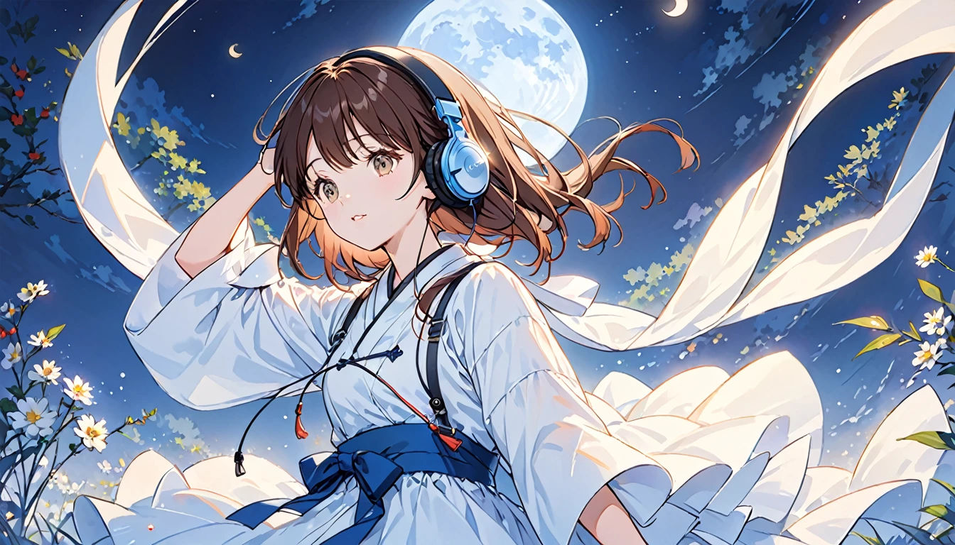 Girl wearing headphones,Brown Hair,1 person,bright,「Under the moonlight」,There is one moon