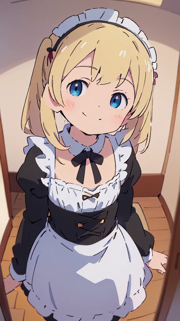 ((masterpiece))((Highest quality))girl、smile、blush、Flat Chest、Are thin、Blonde Hair、Are standing、Low - Angle、front、No background、真frontのアングル、A black maid outfit full of frills、Twin tails、Angle where you can see inside the skirt、Fisheye Lens