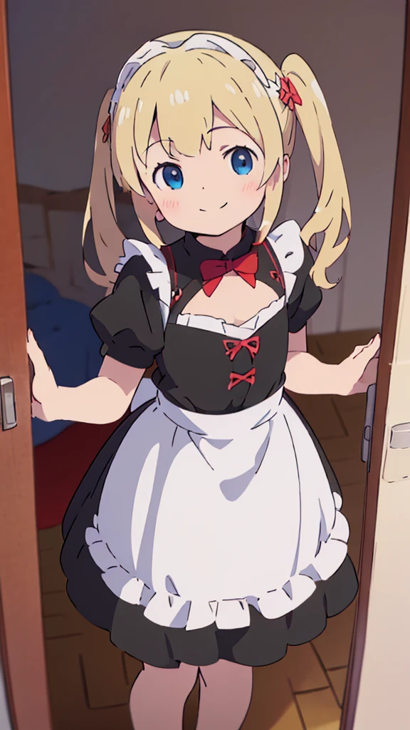 ((masterpiece))((Highest quality))girl、smile、blush、Flat Chest、Are thin、Blonde Hair、Are standing、Low - Angle、front、No background、真frontのアングル、A black maid outfit full of frills、Twin tails、Angle where you can see inside the skirt、Fisheye Lens