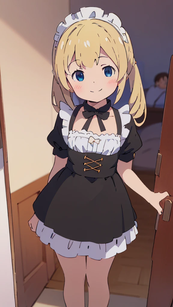 ((masterpiece))((Highest quality))girl、smile、blush、Flat Chest、Are thin、Blonde Hair、Are standing、Low - Angle、front、No background、真frontのアングル、A black maid outfit full of frills、Twin tails、Angle where you can see inside the skirt、Fisheye Lens