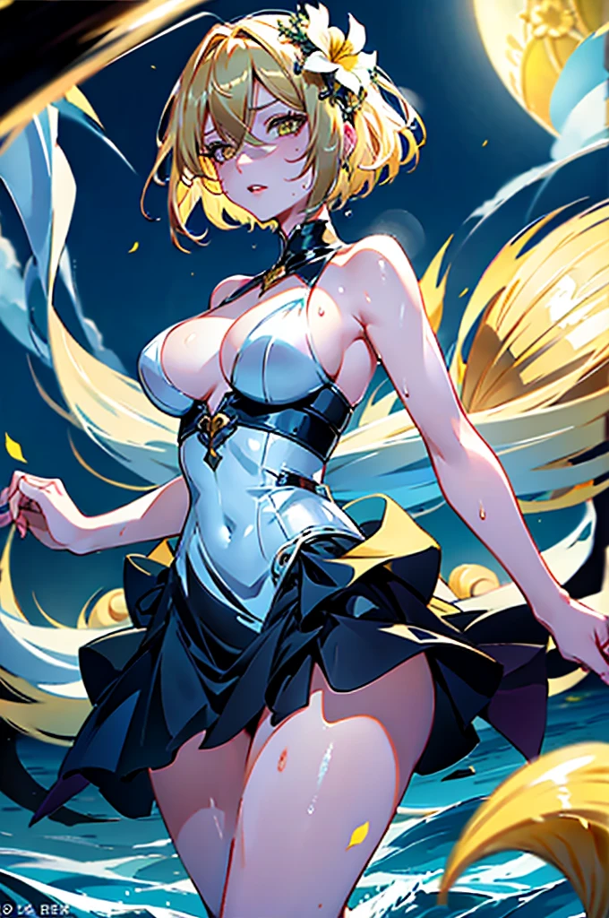 Woman 23 years old, short blonde bob hair, hair flower, sharp blows between the eyes, yellow eyes, large eyes,  look,  expression, pearly seashell neckline, of siren race. It is in the middle of the sea, At night, with full moon in the background, light reflecting on the  and sweaty body. (((sweat))) (artwork:1.2,) (Best Quality.)