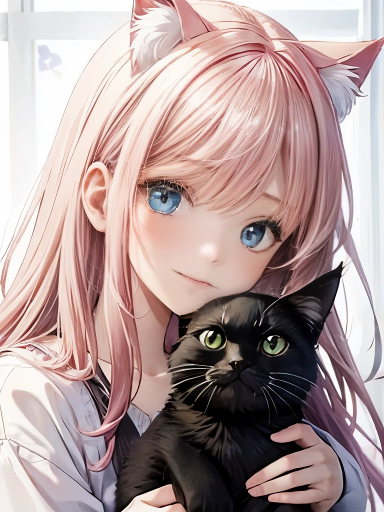 Girl with cat、Pink Hair、(Holding a black cat,Fluffy black cat)、Pink loose curls、blue eyes、Cat and glaring,smile,Cheek rubbing、Avatar