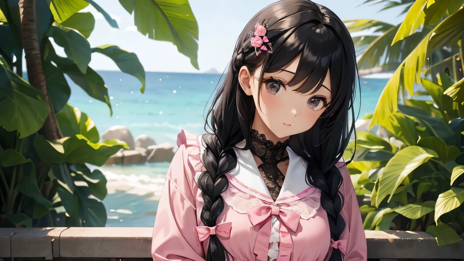 A beautiful woman wearing a pink sailor suit with lots of frills and lace　Long sleeve　Black hair braid with hair ornament　Upper Body