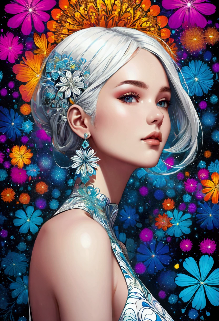 Graphic novel style , portrait， Features, Ink Art，vector,Flat style,illustration,The art of math,1 girl,Unique,Pretty Face,earrings,portrait,Shoulder,artistic conception,Abstract,(Official Art, Beauty and aesthetics: 1.2), (Fractal Art: 1.3), White powder color scheme, (Psychedelic Art:1.5),(Watch from below:1.2),Large color blocks,White,blue,Upper Body,There are flowers,best quality,4K,high resolution,Extremely detailed,Bright colors,Bokeh,Studio Lighting，
