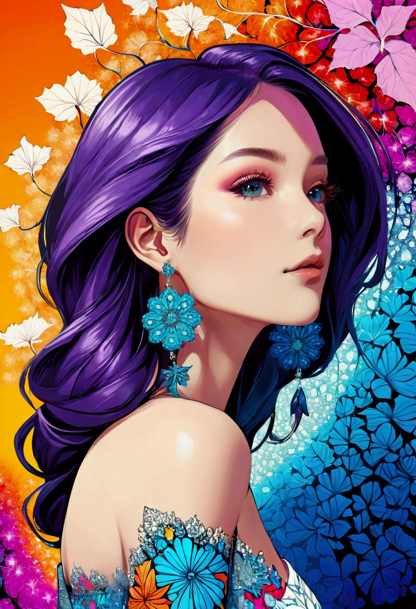 Graphic novel style , portrait, Features, Ink Art,vector,Flat style,illustration,The art of math,1 girl,Unique,Pretty Face,earrings,portrait,Shoulder,artistic conception,Abstract,(Official Art, Beauty and aesthetics: 1.2), (Fractal Art: 1.3), White powder color scheme, (Psychedelic Art:1.5),(Watch from below:1.2),Large color blocks,White,blue,Upper Body,There are flowers,best quality,4K,high resolution,Extremely detailed,Bright colors,Bokeh,Studio Lighting,