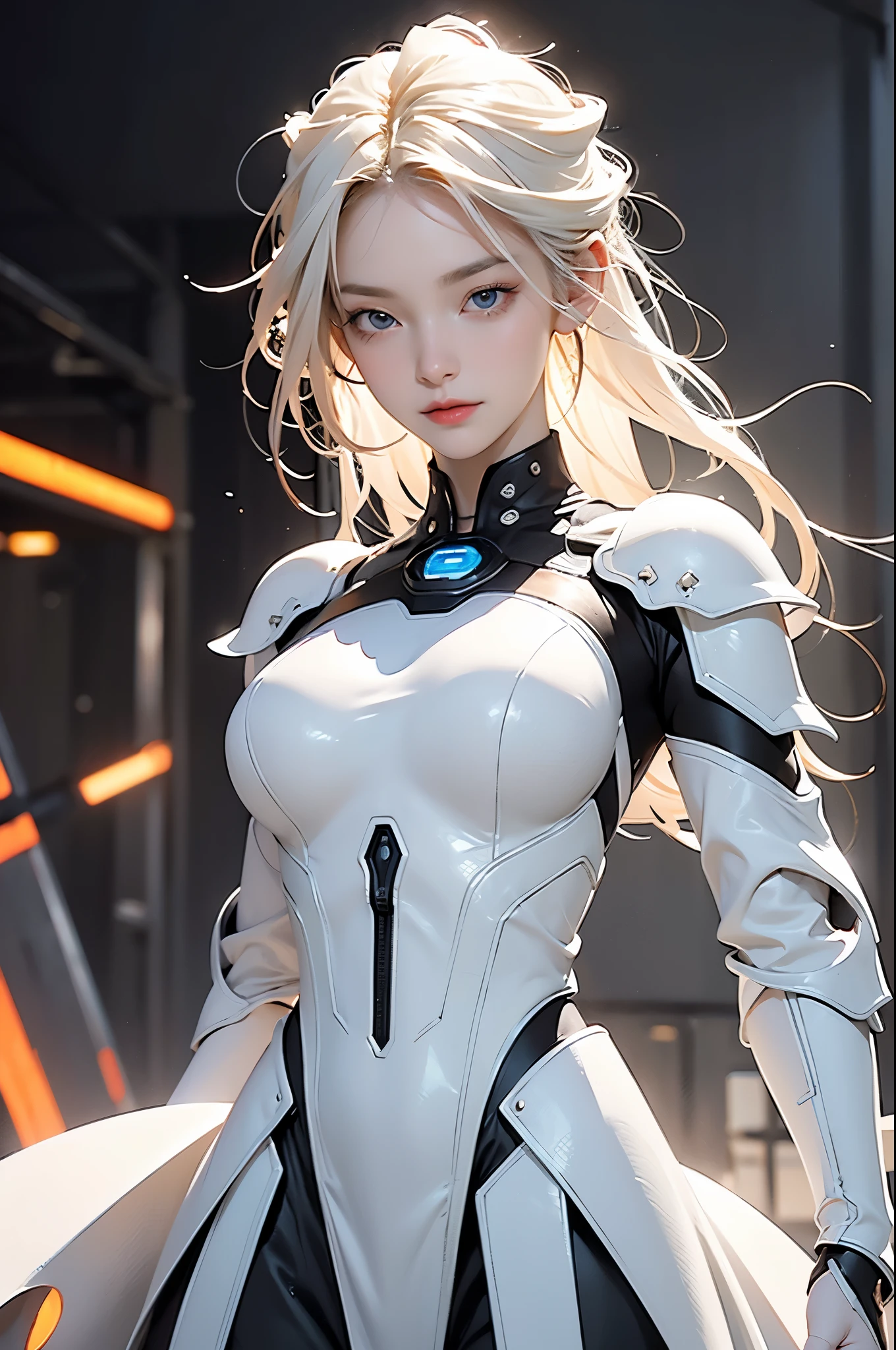 Upper Body, portrait, ,White-orange armor, White shiny hair, Neon, 8K, Raw, best quality, masterpiece, Ultra-high resolution, rich and colorful, (Medium wide angle lens), (Dynamic perspective), Clear focus ,Depth of Field,  Extremely detailed eyes and face, Beautiful and delicate eyes,Large Breasts,(black gold, Trimming gears:1.2),(In a futuristic weapons factory:1.2), 