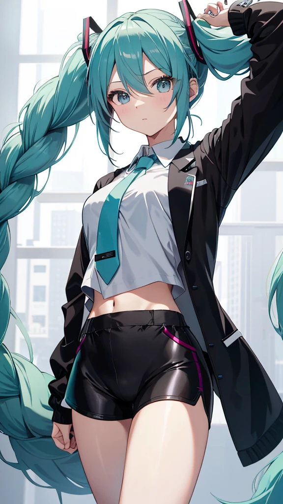 Hatsune miku add_detail:1, navel lycra fitted blouse, looking at the viewer, hand on hip, black jacket, lycra groin tight shorts add_detail:1(white shirt:1.2), braid, very long hair, Wide hips,
under the chest, shirt,
Big\(Body proportions\), sensual pose