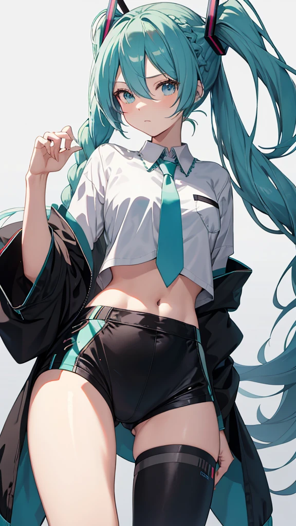 Hatsune miku add_detail:1, navel lycra fitted blouse, looking at the viewer, hand on hip, black jacket, lycra groin tight shorts add_detail:1(white shirt:1.2), braid, very long hair, Wide hips,
under the chest, shirt,
Big\(Body proportions\), sensual pose