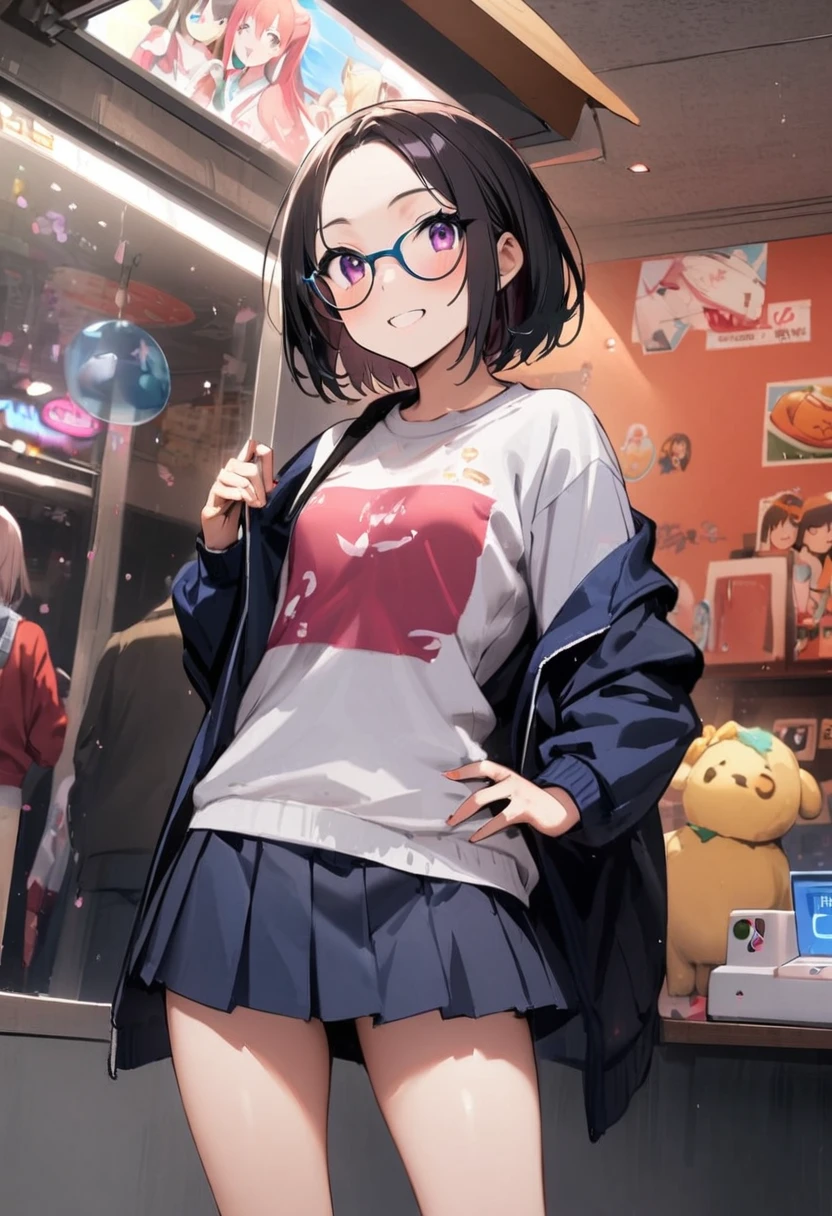 underboob、bellybutton、crop top look、Chibi T-shirt、Fashionable glasses、Pantieini skirt、Panty shot、arcade、game machine、Game bench、UFO Catcher、Purikura、Date、forehead、Girl、Girl、Short、Younger、Lower school year、Baby Face、flat chest、smile、Dynamic Angle、masterpiece、best quality、ultra-detail、There are customers around、I'm making a mess、Clothing、shoot from below