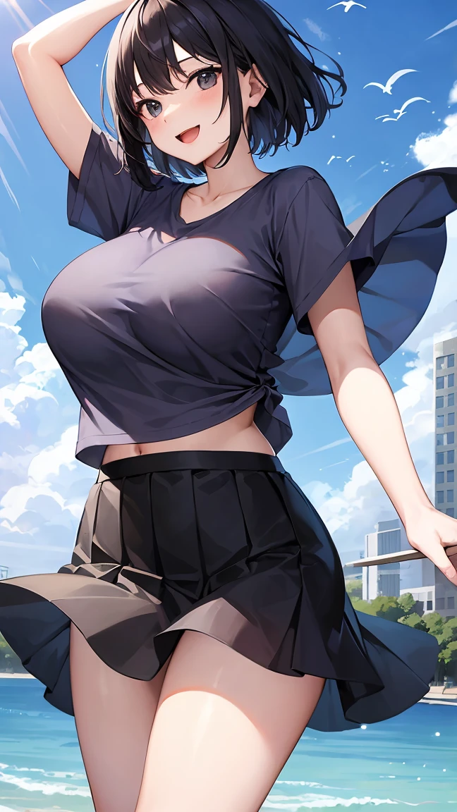 18 year old girl。The body is curvaceous、have huge breasts、Smiling, with clear eyes and an open mouth。She has short black hair and bright black eyes.、Wearing a summer shirt。A skirt fluttering in the wind。