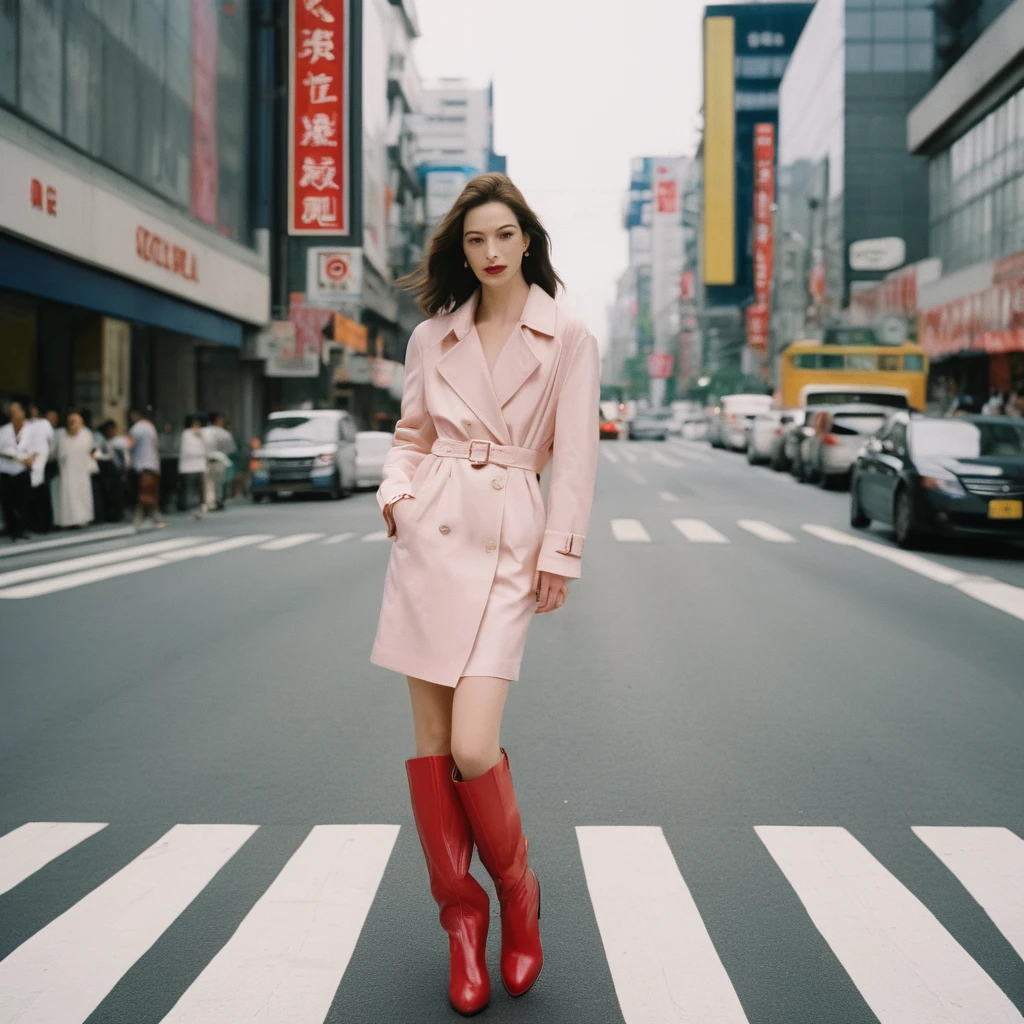 photo of a blonde high fashion young Korean woman, still from the film, ((solo)), (Anne Hathaway look alike face: 0.9), wearing pink haute couture, surreal, very tall red overknee boots, Tokyo streets, crosswalks stripes, traffic lights, cloudy day, Asian signs, Leica SL3, Summicron-SL 75 f/2 ASPH, kodak gold 200 film, bare shoulder, dynamic action pose,