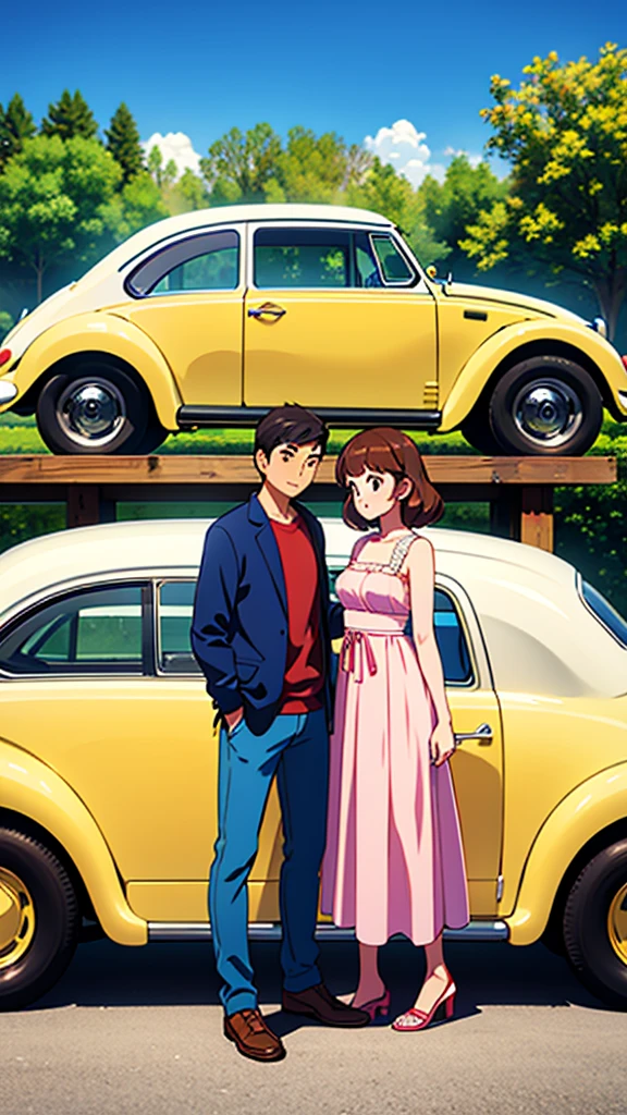 ((Highest quality)), ((masterpiece)), (detailed), Lovers standing in front of a small retro car, like a Volkswagen、2 people、Boy and Girl、drive、Vision、Side Angle
