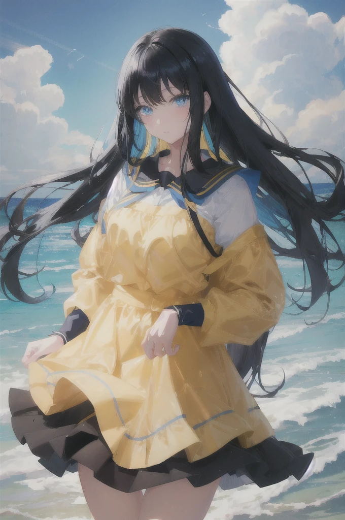 art:Super detailed,beautiful, , blue eyes,Anime style girl, Black Hair, 淡いyellowの服を着て, Shiny, Long sleeve, Long skirt, white, yellow, She is posing with her hands on her chest, Beach and bright, Blue sky with clouds floating,Character Center: 1.3