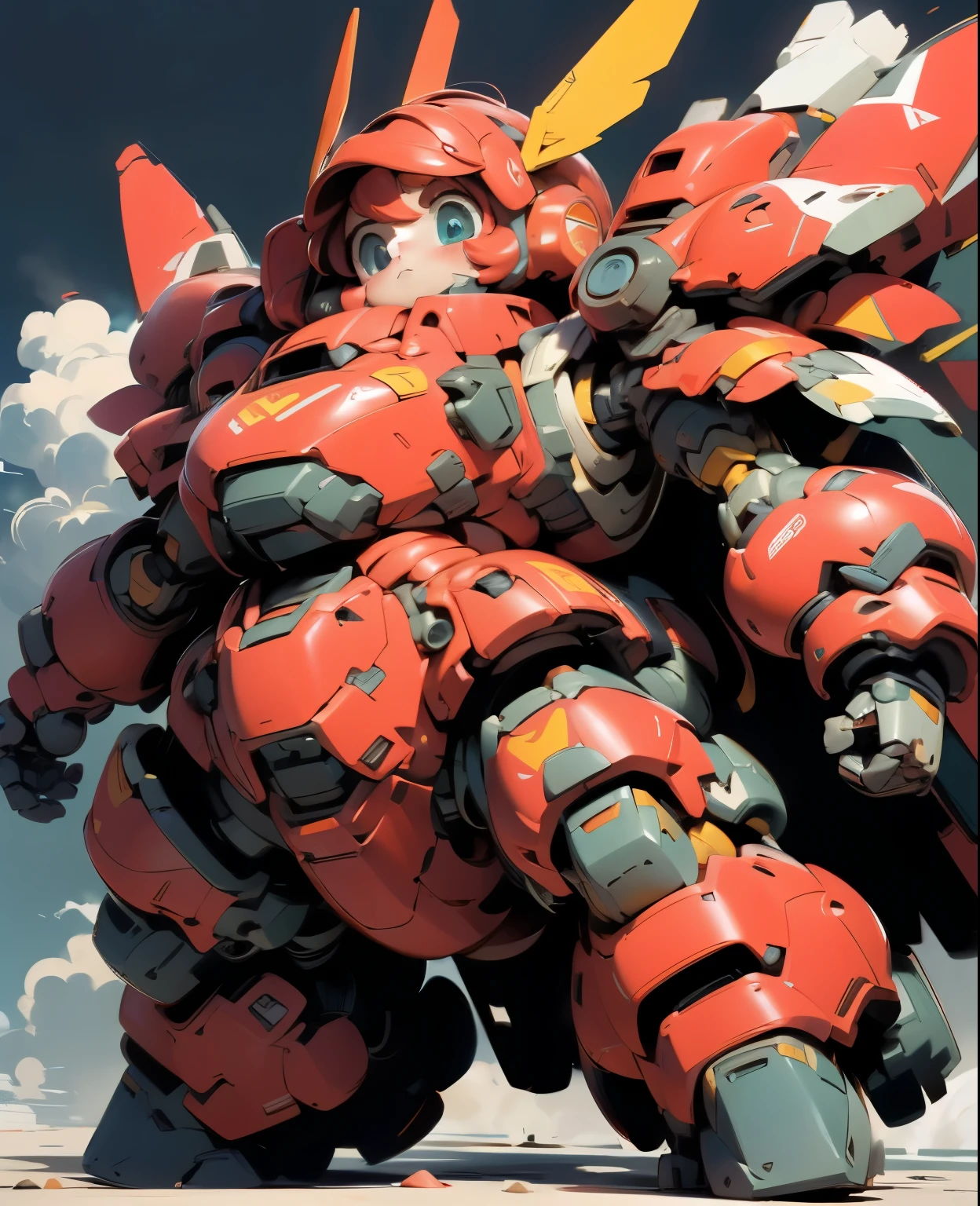 (((1 chibi girl in large red-colored robot costume, from below))), (holding weapons), (chibi), ssmile, (bulky:1.8), (((helmet:1.5))), (((looking down:1.4))), large cute face, mechanical parts, ((mechanical wings)), (full armor:1.8), (mecha armor:1.8), (shoulder guards:1.2),(huger arms), ((mechanical arms:1.5)), (short legs), (huger body:1.8), (heavy equipment:1.6), (from below), (headgear), blue sky, white clouds, robot joints, becoming a mecha, mecha, (RARS), (HRS), ROBOTANIMESTYLE, BJ_Cute_Mech,cute, girl BREAK ((masterpiece)), vibrant colors, 8k, best quality, ultra detailed illustration, ((best quality)), ((high resolution)), flawless skin textures, shiny oiled skin, extremely detailed anime eyes , extreme light and shadow