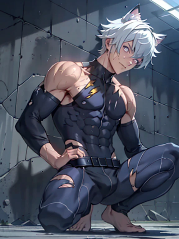 ((Fine details)), Best Shadow,Cinema Lighting,Highest quality,((Very detailed)) masterpiece the body is slim Embarrassing Gray Hair Electricity began get wet Big eyes thin The suit was torn Upper body naked sweating Delicate body Damaged High saturation boy Ryona Hurt torture I was injured High chance of losing Skin is visible in places shout View from below Overall image Femboy Light hits the skin Baby Face Fallen Skinny body punish Flexible body Mind control Swimwear The body is slim Cat ear Screaming enduring pain Rear view I can see your back とてもBig eyes lean slender body Kneeled blue eyes Purple eyes black eye Dark pupils Belt around the crotch erection Foot on the ground Wet ground